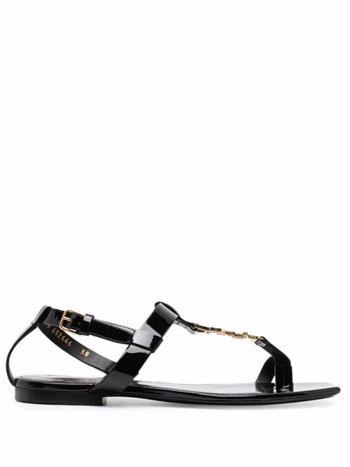 Sandali Cassandra in pelle nera con logo Saint Laurent | 664520B8IKK1000